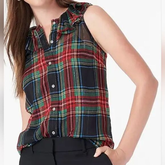 J Crew Sleeveless Ruffle Collar Top Womens Small Black Stewart Tartan Plaid - Picture 1 of 12